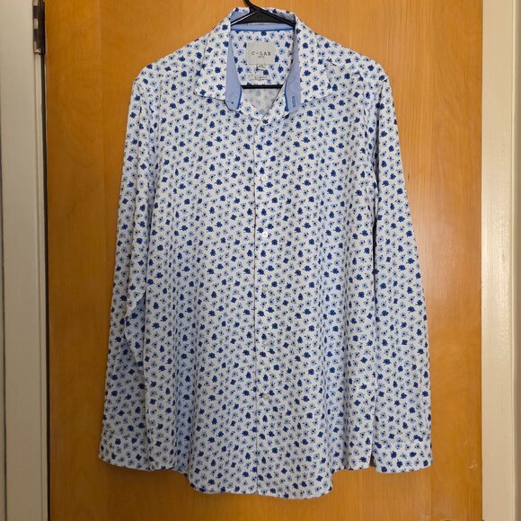 C-LAB NYC Long Sleeve 4 Way Stretch Shirt Mens L 16.5 Slim Fit White Blue Floral - Picture 1 of 9